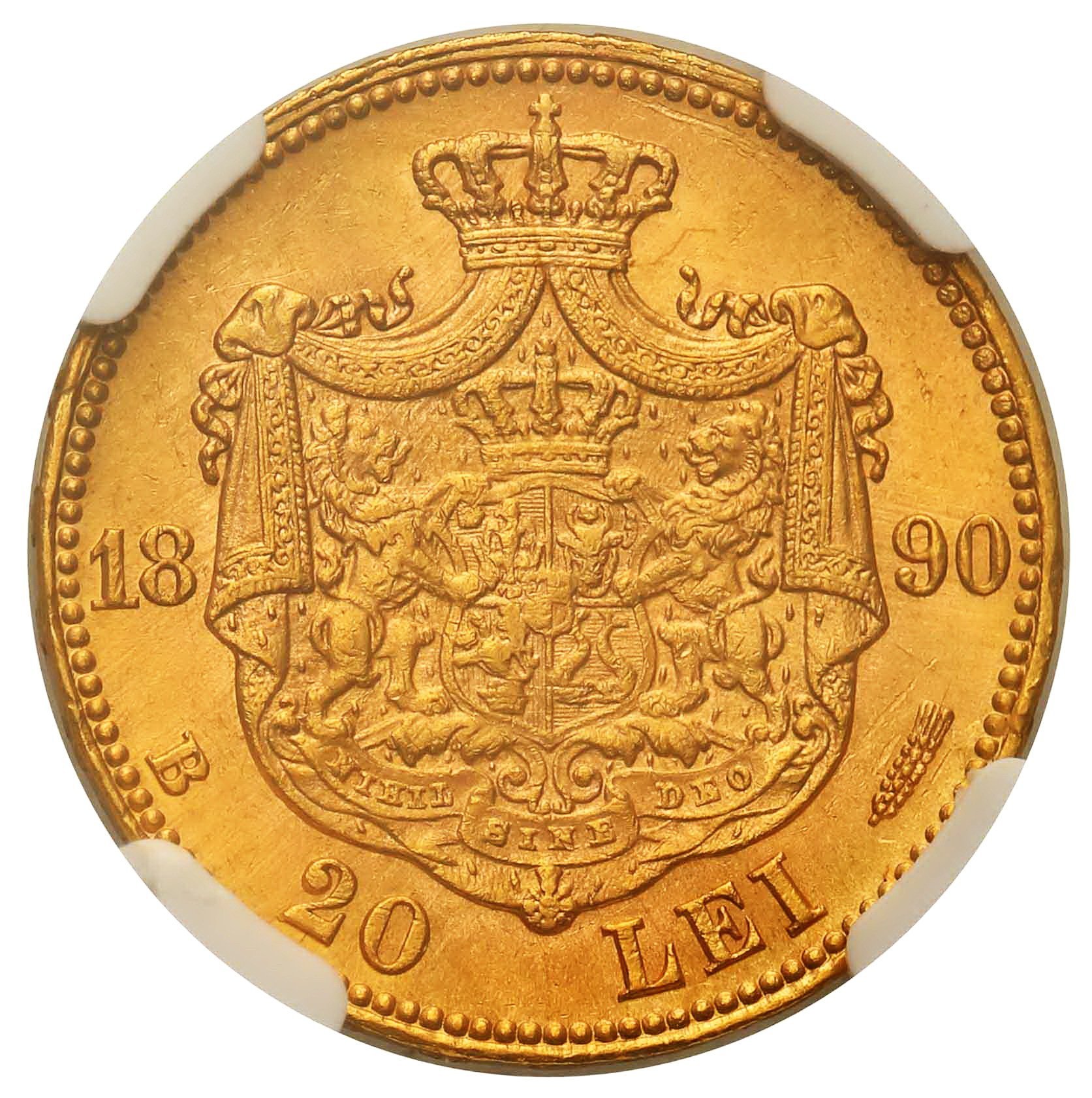 Rumunia. Karol I 20 Lei 1890 NGC AU58